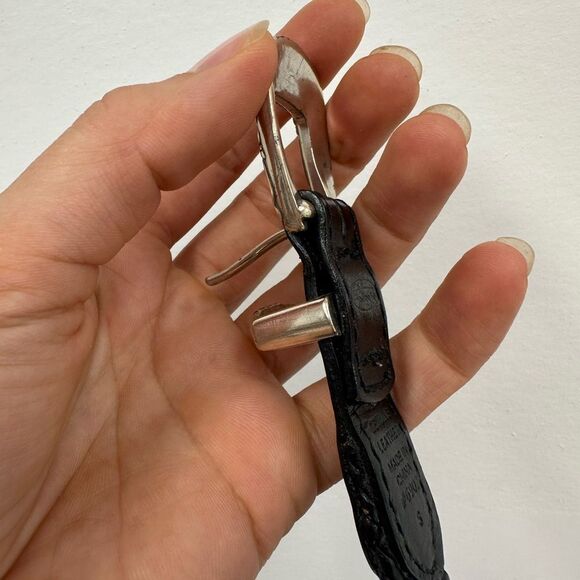 Vintage 90s Talbots Black Braided Leather Belt Silver Hardware Floral Engraved S - Picture 8 of 10